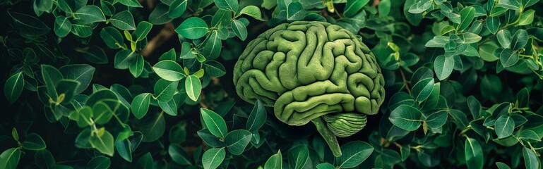 Green brain shape surrounded with fresh leaves, nature inspired intelligence, symbolizing eco friendly thinking.
