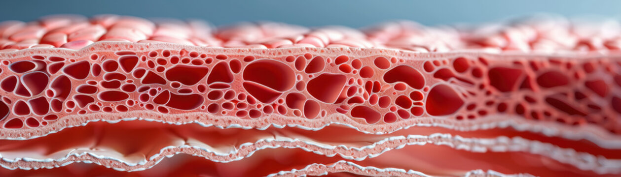 Close-up of complex textured red sponge layers, showcasing intricate patterns and structures in high detail.