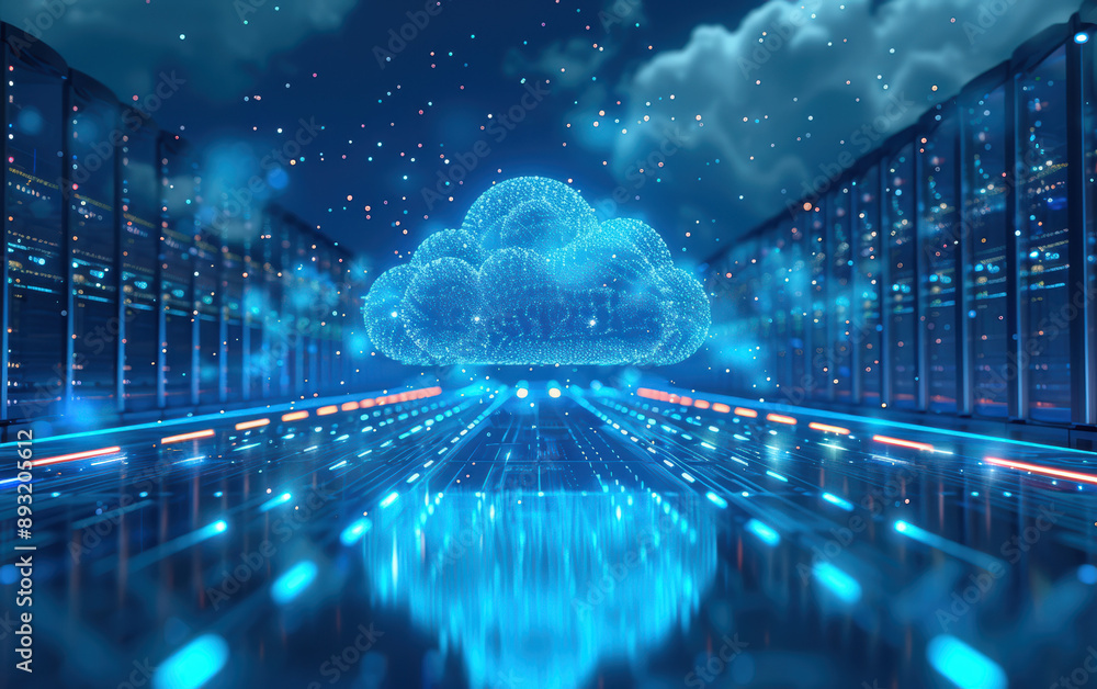 Poster futuristic data center with digital cloud hologram and advanced server infrastructure under starry n