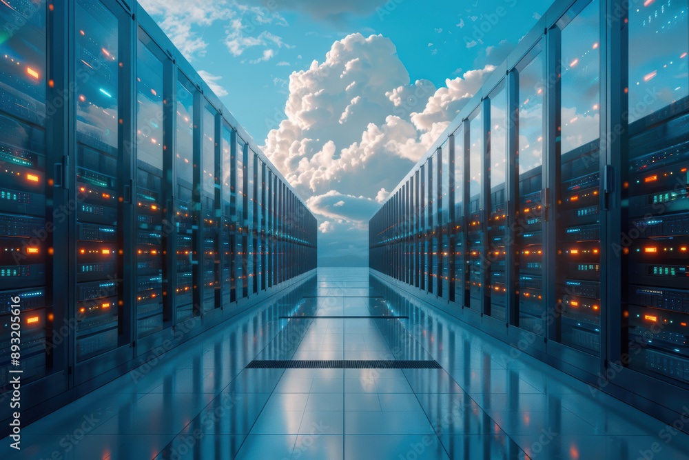 Poster modern data center with rows of server racks and glowing lights, under a cloud-filled sky, reflectin