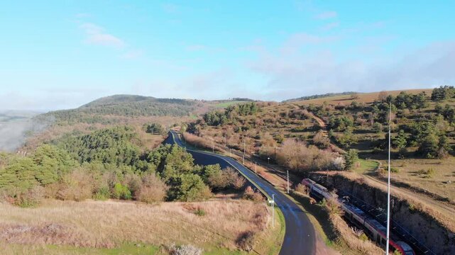 Aerial: train in the Col de Lagarde in the french Massif Central