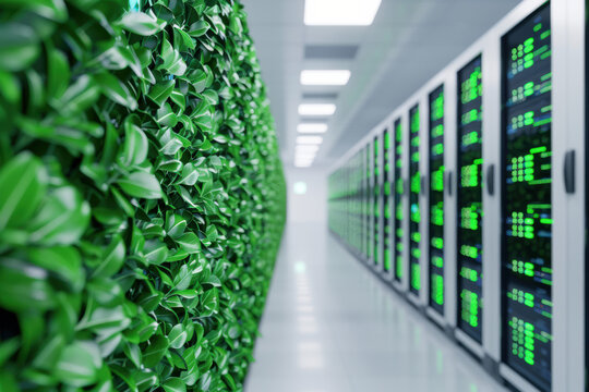 Modern data center with green walls, combining technology and nature. Eco-friendly storage solution with energy-efficient servers in a clean facility.