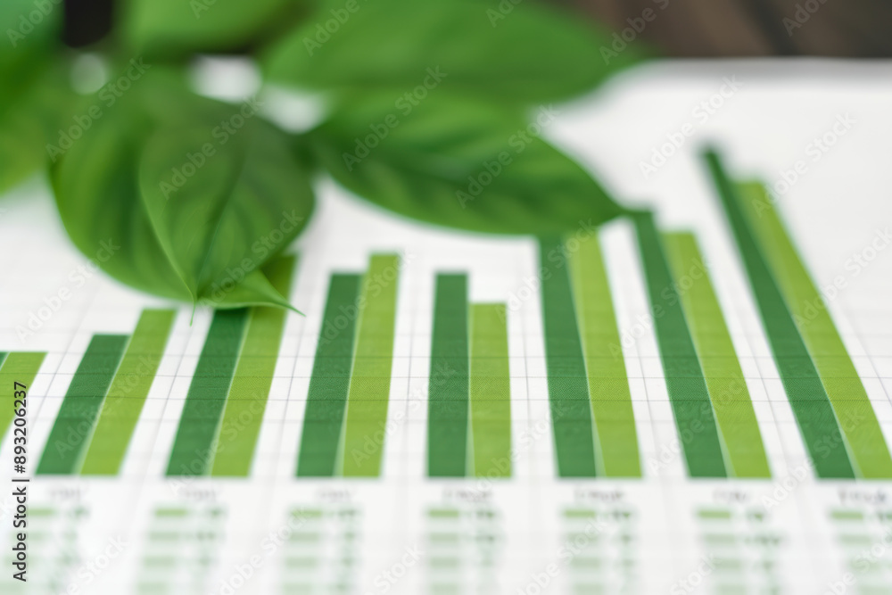 Poster graph with green bars representing data analysis and sustainability. green leaves in the background 