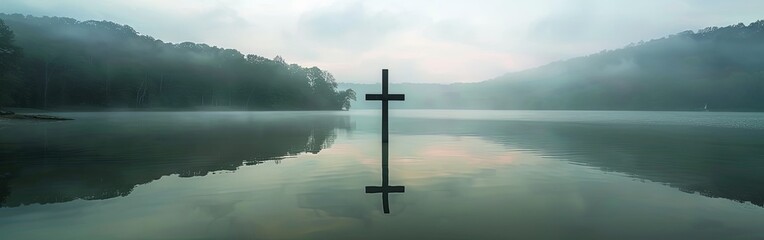 Solitary Cross Over Misty Water at Dawn