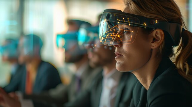 A team discussing digital transformation strategy with augmented reality interfaces in a conference room during the morning with soft natural lighting