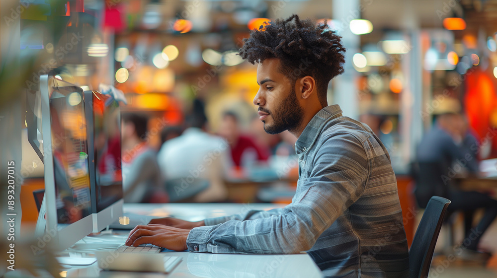 Poster capturing a man deeply engrossed in his work at a computer while the creative office around him buzz