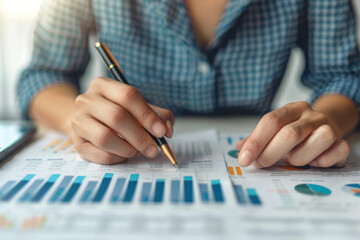 Close-up of a person analyzing financial data on graphs and charts, highlighting investment trends and market analysis with a pen.