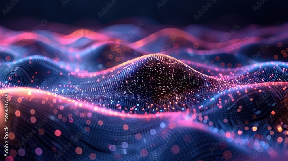 Poster a mesmerizing digital landscape showcasing vibrant waves of light and intricate patterns, creating a