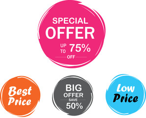 Set of sale tags. Grunge brush stroke circle set, badges and banners. special offer, best price, big offer, low price. Banners and stickers. Vector illustration.