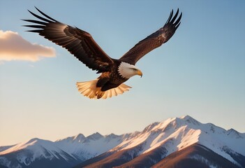 Fototapeta premium A golden eagle soaring over gently snow-capped mountains