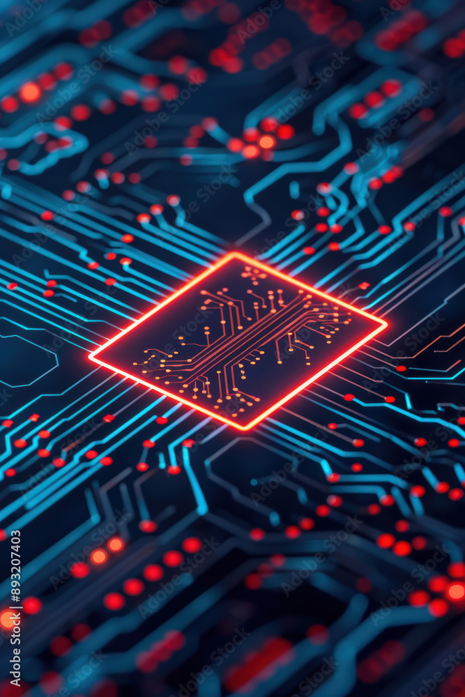 Poster close-up of a glowing microchip on a circuit board, highlighting the intricate connections and techn