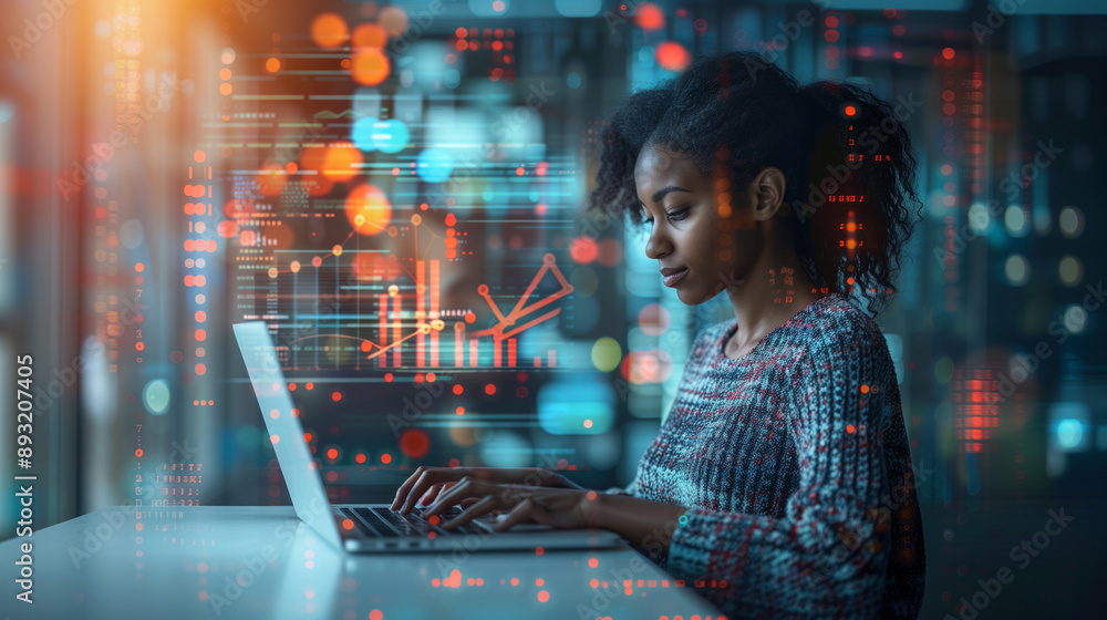 Poster a female programmer coding applications on her laptop, engaged in her work with a background of digi