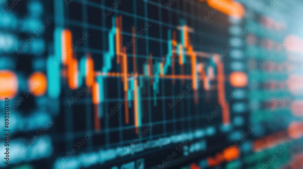 Poster blurred abstract financial data with a fluctuating stock market graph showcasing trends in trading a