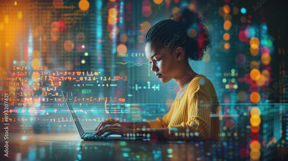 Poster a female programmer coding applications on her laptop, engaged in her work with a background of digi