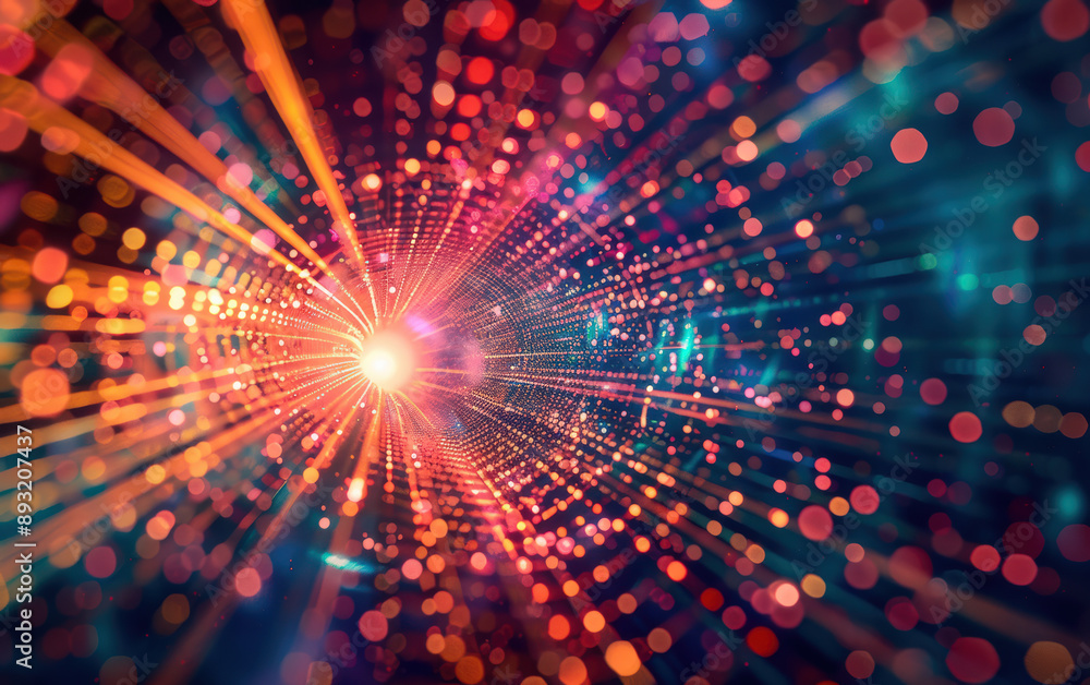 Poster vibrant abstract background featuring a mesmerizing burst of multicolored light rays and bokeh effec