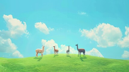 Four Alpacas on a Green Hill with Blue Sky.