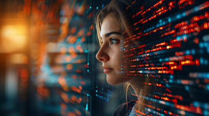 showing a focused female coder developing new software, with a dynamic background of code snippets and digital interfaces, perfect for themes of innovation, software creation, and