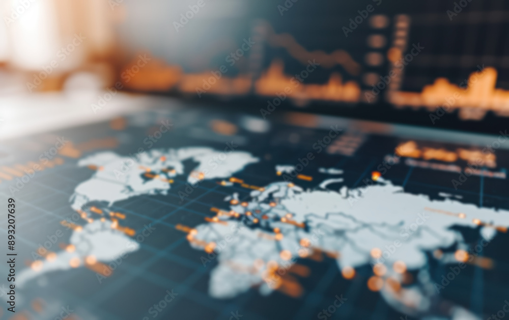 Poster blurred world map on a computer screen displaying financial data and charts, representing global bus