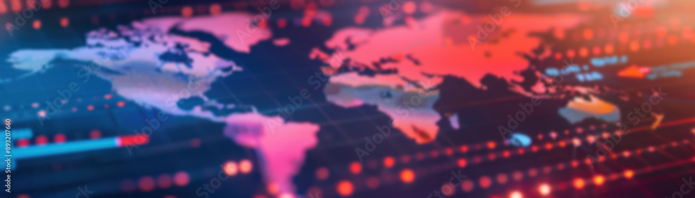 Poster a futuristic digital world map with vibrant colors, data points, and illuminated connections represe
