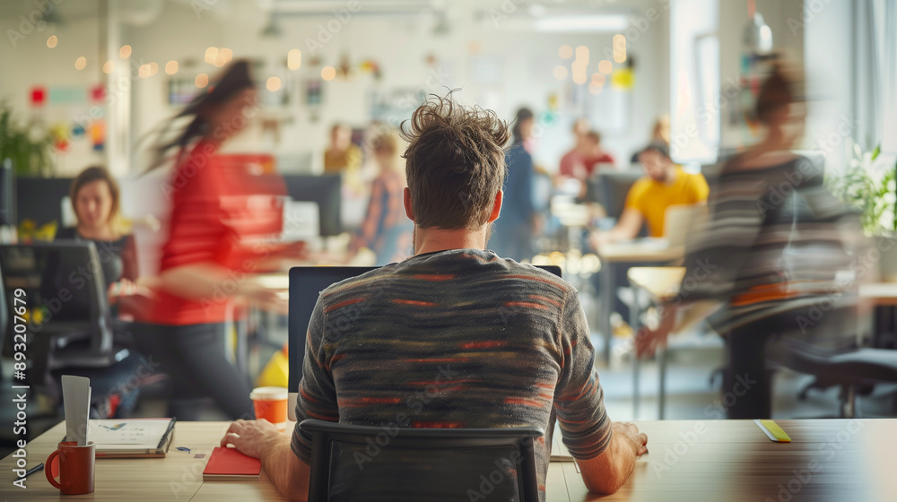 Poster showing a man working intently at his computer with colleagues moving around in the blurred backgrou