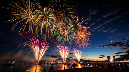 Night Sky Spectacle:  A breathtaking display of fireworks illuminates the night sky above a bustling beach, creating a mesmerizing spectacle of color and light.  