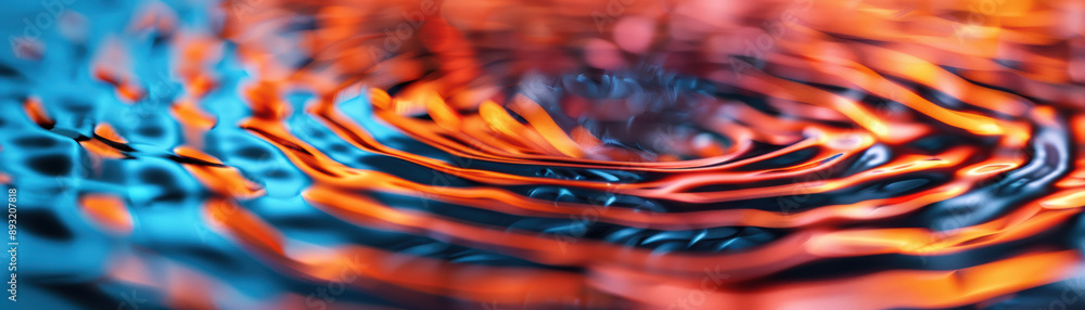 Poster abstract close-up of vibrant blue and orange liquid ripples, creating a mesmerizing pattern and text