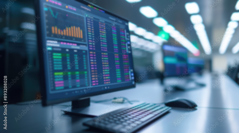 Poster modern trading workstation with multiple screen displays showing data charts and graphs. perfect for
