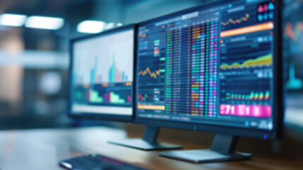 Dual monitors displaying financial data and stock market charts in a modern office setup, perfect for illustrating investment and trading concepts.