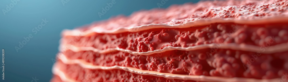 Poster close-up view of textured, pink layers resembling a biological or geological structure, showcasing i