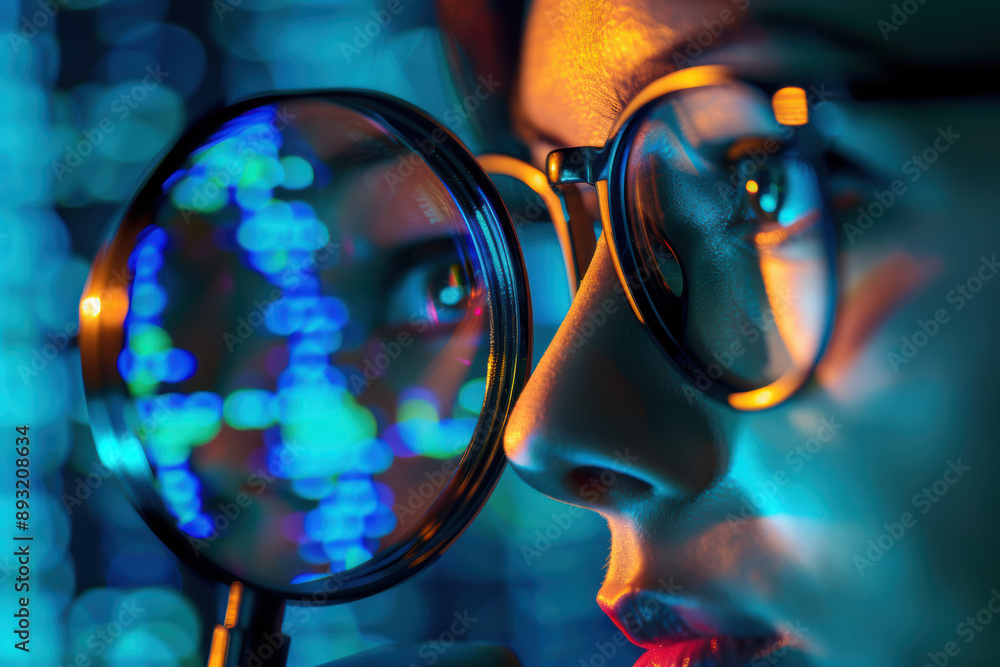 Poster close-up of a person examining data through a magnifying glass, reflecting digital codes in a high-t