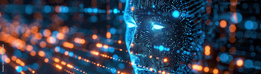 Poster futuristic ai face concept with glowing digital lines and dots, representing artificial intelligence