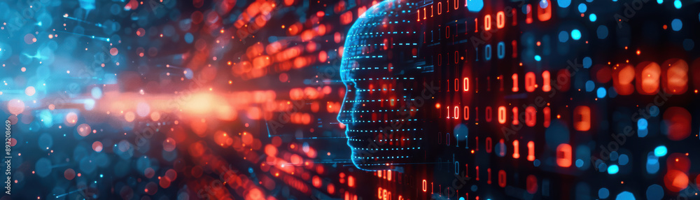 Poster futuristic digital head and binary code background with blue and red lights, representing artificial