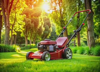 A shiny red lawn mower sits idle on a perfectly manicured green lawn with vibrant blades of grass and a few trees in the background.