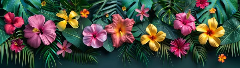 Exotic tropical flower blossoms with vivid colors and lush greenery, tropical flowers