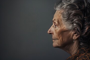 A portrait of a woman in profile her face showing the signs of age