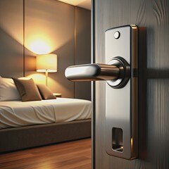 Luxurious black doorknob supports a crisp white door hanger against a dimly lit hotel room background, perfect for custom messaging or branding opportunities.