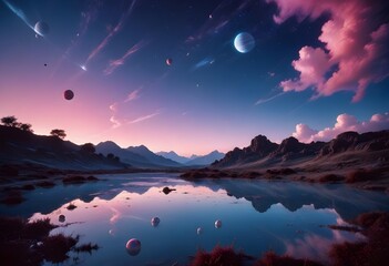 A clear lake surrounded by small mountains reflecting the night sky and sunset