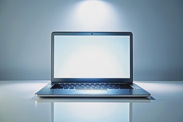 A sleek laptop on a clean white background, open to a glowing screen, surrounded by empty space, evoking a sense of modernity and minimalism.