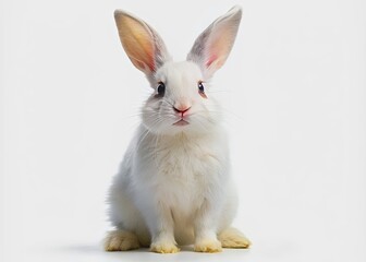 Adorable white rabbit with soft fur and bright curious eyes stands on hind legs, looking straight ahead, isolated on a transparent background.