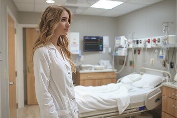 Young Female Doctor Standing in Hospital Room With Empty Bed