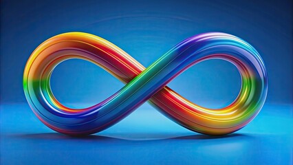 Vibrant rainbow-colored infinity symbol made up of diverse colors shines against a calm blue background, symbolizing neurodiversity and autism awareness on a peaceful tone.