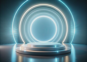 Obraz premium Podium background 3D light tech stage future platform game abstract. Podium 3D background technology room product circle glow effect portal stand studio scene white design ring modern display space.