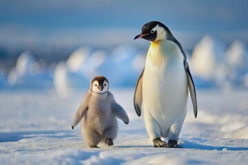 Fototapeta premium Adorable baby penguin waddles alongside parent, tiny feet making small impressions in pristine snow, a heartwarming Antarctic winter wonderland scene of love and companionship.