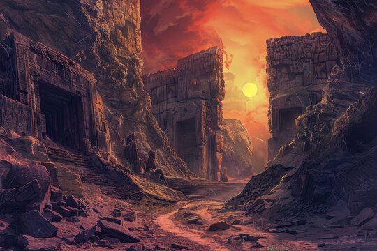 Ancient Alien Ruins Bathed in the Setting Sun - Powered by Adobe