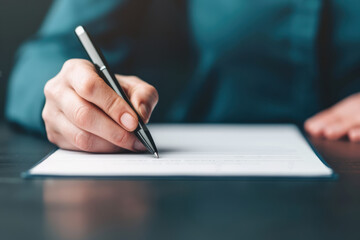 Close-up of a hand holding a pen writing on a document. Professional, business, education, and signing concepts captured in detail.
