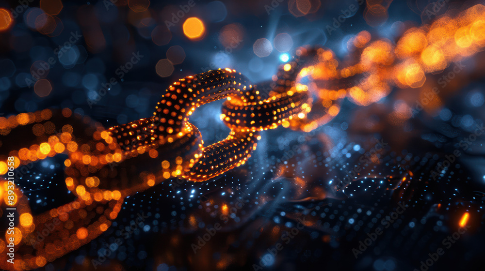 Poster glowing blockchain network concept with a chain consisting of digital links highlighting the technol