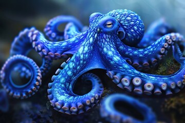 Fototapeta premium Vibrant blue octopus with intricate patterns on its skin, beautifully curled tentacles, and an underwater background.