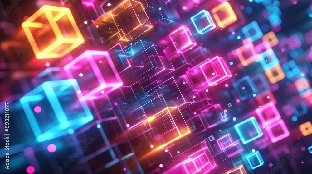 Poster vibrant neon cubes, interconnected in a futuristic digital network, create a mesmerizing visual repr
