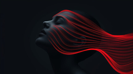 Obraz premium Abstract Digital Art of Woman’s Face with Flowing Red Lines, Exploring AI and Human Connection