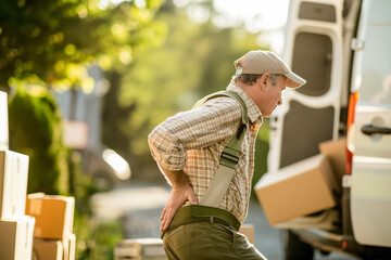An elder delivery worker is straining while unloading boxes from a van, under the sun. The image shows cardboard boxes and the delivery van